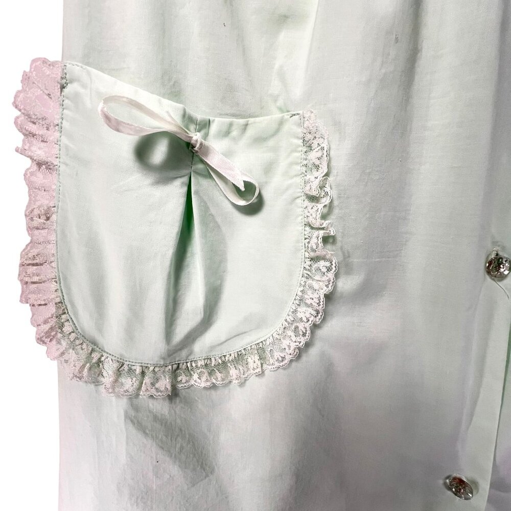 Vtg Lisanne Mint Green Button Down Housecoat Robe Lace Collar Pockets Cotton SS - Picture 9 of 16